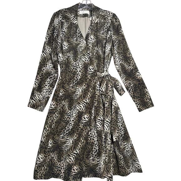 Vtg Dana Buchman 90s Y2K Women's 100% Silk Animal Print Wrap Dress Sz 4 Mob Wife - Picture 14 of 16